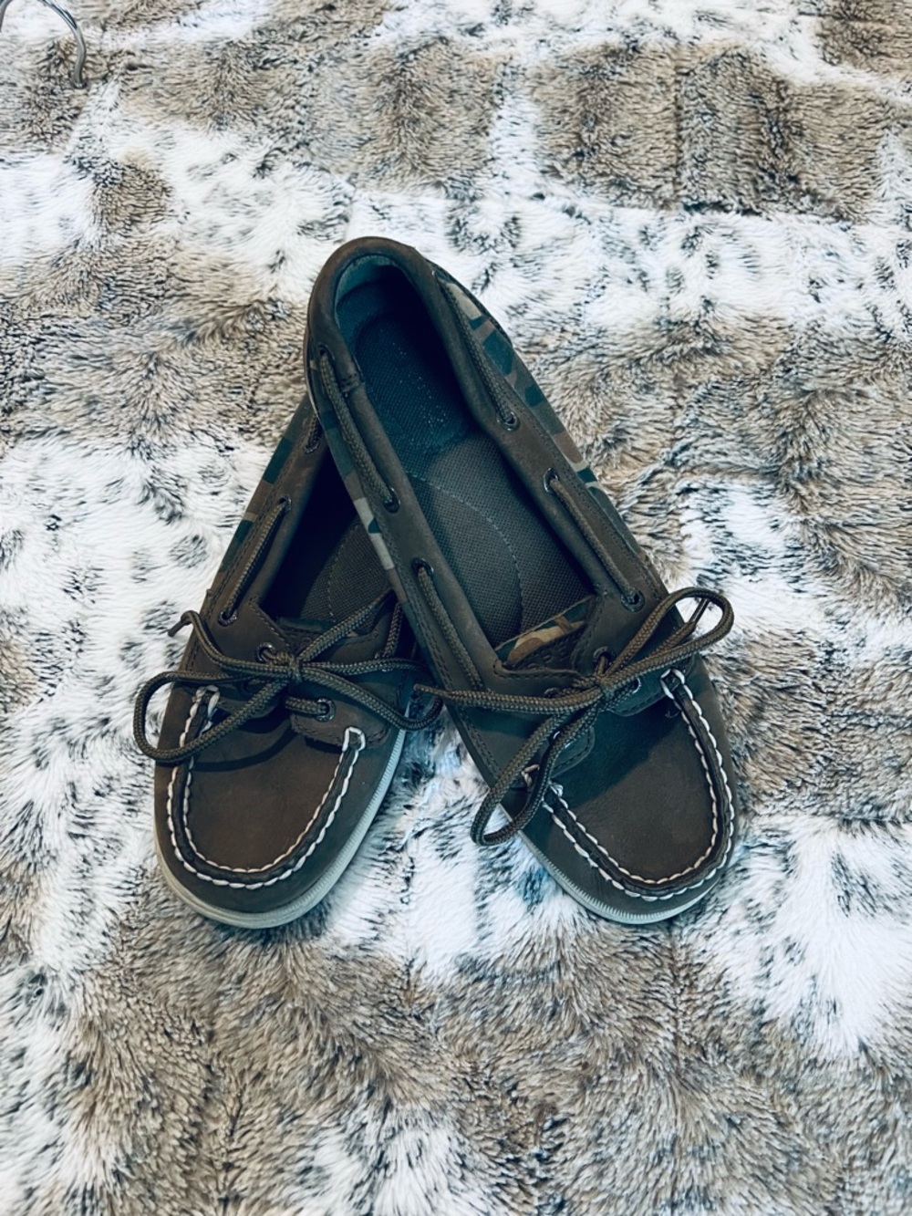 Sperry Olive Green with camo print Moccasin Boat Shoes with White Stitching